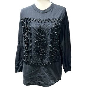 Kizulia Vintage Shirt Black Lace and Ribbon Appliqué Feminine Size Large 3D Goth
